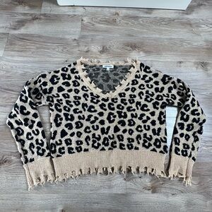 Vigoss Black and Tan Leopard V-Neck Sweater